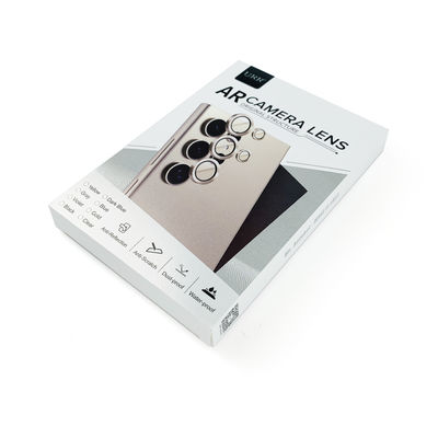कस्टम मुद्रित सिल्वर पेपर फोल्डेबल कैमरा लेंस प्रोटेक्टर कवर कैमरा टेम्पर्ड ग्लास पैकेजिंग बॉक्स विंडो के साथ